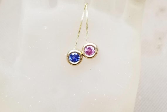 Round Pink Sapphire , Blue Sapphire 14K Yellow Gold Bezel Set into Gold Chain Necklace,  September Birthstone.