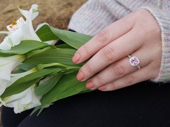 5.6mm Cushion Pink Sapphire Diamond Halo Engagement Ring