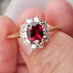 Red Spinel Diamond Halo Gold Ring for Her