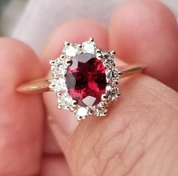 Red Spinel Diamond Halo Engagement Gold Ring