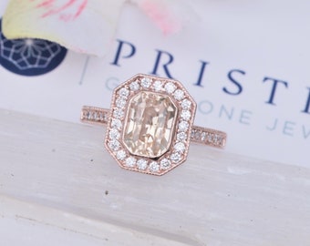 Gold Engagement Gemstone Ring Peach Sapphire Vintage Inspired Style Diamond Halo Bezel Set Ring for Her Anniversary