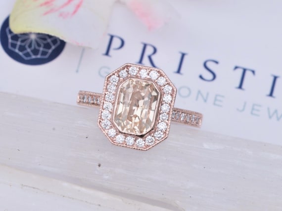 Gold Gemstone Peach Sapphire Engagement Ring for Her Wedding Vintage Diamond Halo