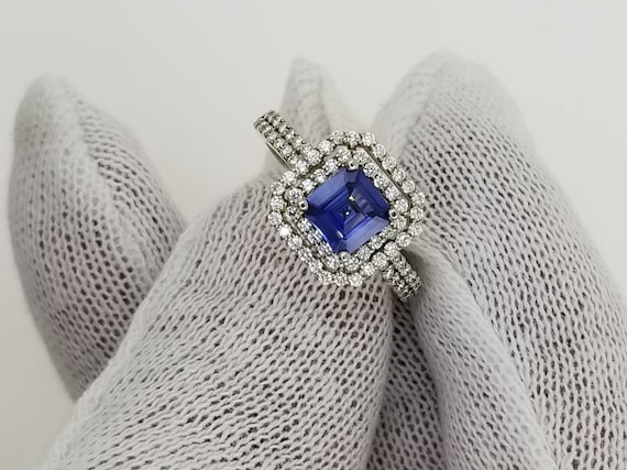 Unique Gemstone Gold Engagement Ring Square Blue Sapphire Diamond Double Halo Engagement Ring