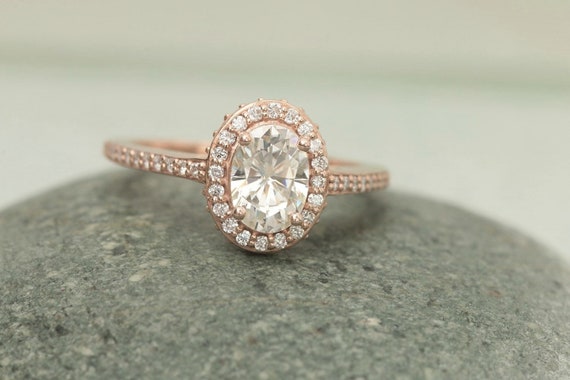 Charles and Colvard Moissanite 14K Rose Gold Diamond Halo Engagement Ring Gift for Her