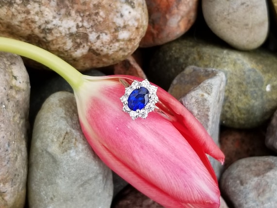 Kate Middleton Sapphire Diamond Engagement Cluster Ring in 14k White Gold