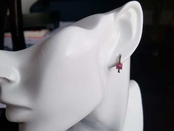 Princess Cut Pink Sapphire 14k White Gold Bar Earrings