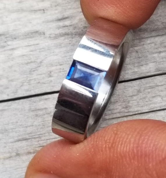 Montana Blue Green Sapphire Tension Setting Ring, Stainless Steel ring