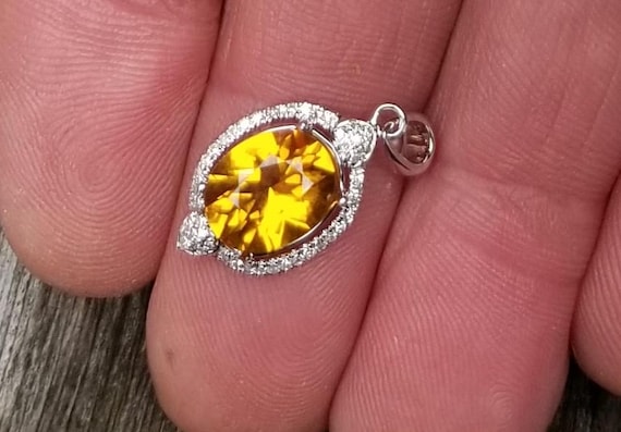 Oval Yellow Sapphire 14K Gold Diamond Halo Pendant, September Birthstone Jewelry, Diamond Halo Pendant Gift for Her, Free Shipping to USA