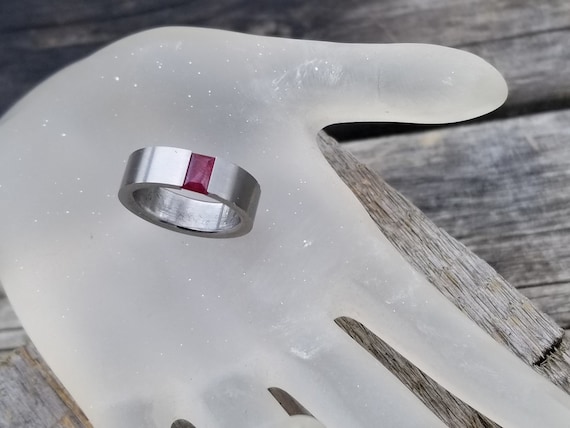 Ruby Tension Setting Ring, Stainless Steel ring for Men or Women, Finger SiZe 5 1/2 US Ring, Unique Gift for a Friend, Free Shipping