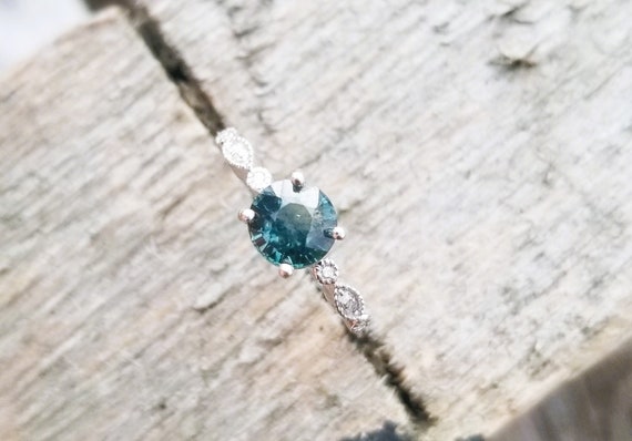 Ceylon Round Teal Sapphire Engagement Ring for Her Anniversary Ring, Round Sapphire White Gold Gemstone Dainty Ring, Free Shipping
