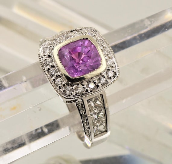 Cushion Lavender Pink Sapphire Diamond Ring with 2.20ct Natural Pink Sapphire