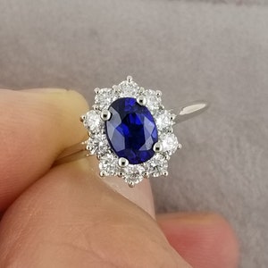 Blue Sapphire Engagement Gold Ring Diamond Halo 14k White Gold Wedding Gift Idea for Her Anniversary September Gemstone Ring image 3