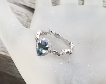 Mint pear Shape Sapphire Engagement Ring for Her Anniversary, Natural Teal Sapphire White Gold Gemstone Ring, Free Shipping to USA