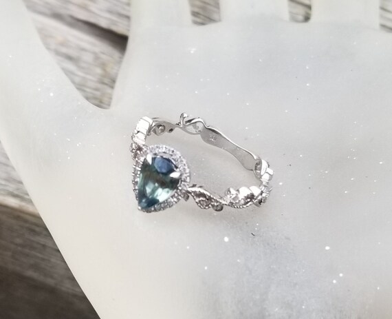 Teal Sapphire Tear Drop  Engagement Ring for Her Anniversary, Natural Teal Mint Sapphire White Gold Gemstone Ring, Free Shipping to USA