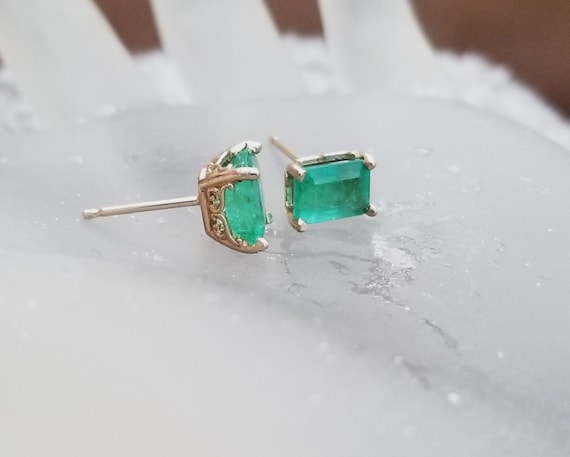 Yellow Gold Emerald Stud Earrings for Her, May Birthstone for Anniversary Wedding, Ethical emeralds pair, Free Shipping to North America