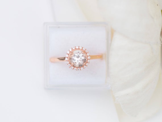 White Topaz Rose Gold Diamond Halo Ring