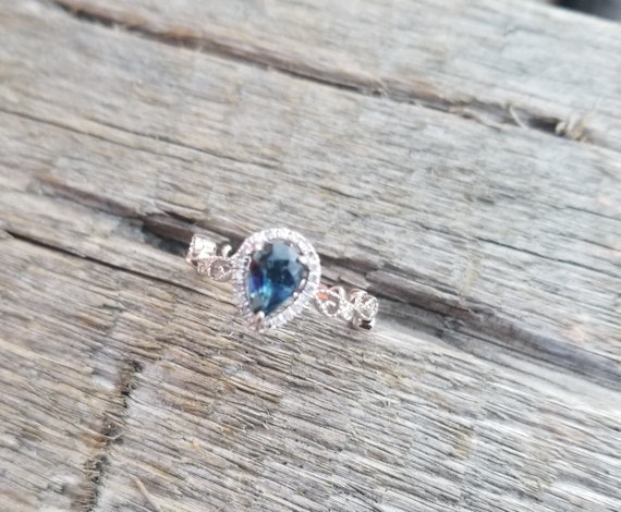 Montana Blue Sapphire Diamond Halo Engagement Ring for Her Anniversary Ring, Sapphire Tear Drop Shape White Gold Gemstone Ring