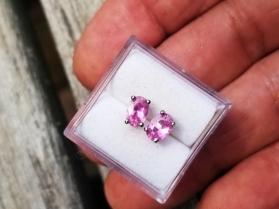 Neon Pink Sapphire 14k White Gold Stud Earrings, September Birthstone Jewelry Gift for Her
