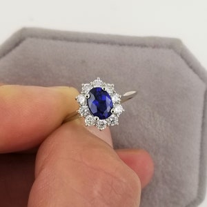 Blue Sapphire Engagement Gold Ring Diamond Halo 14k White Gold Wedding Gift Idea for Her Anniversary September Gemstone Ring image 4