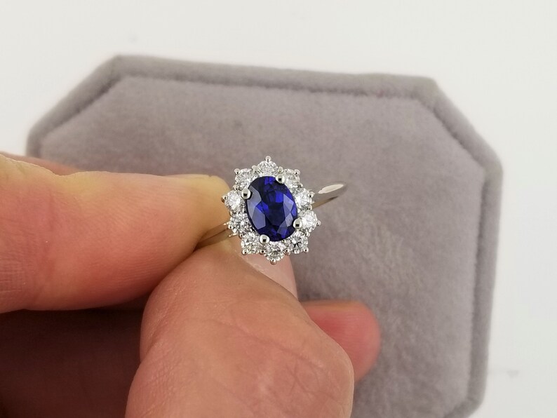 Blue Sapphire Engagement Gold Ring Diamond Halo 14k White Gold Wedding Gift Idea for Her Anniversary September Gemstone Ring image 4