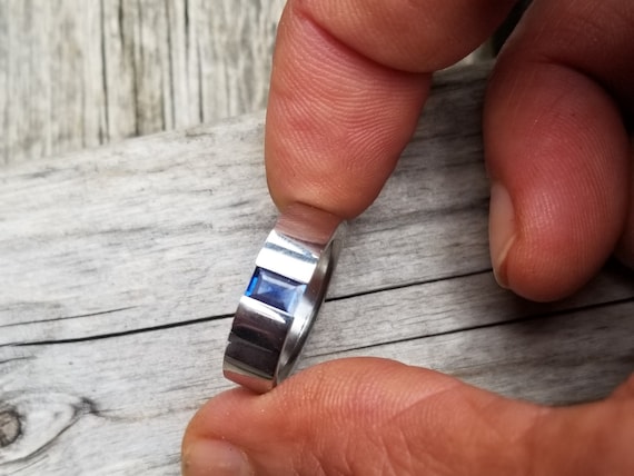 Montana Blue Green Sapphire Tension Setting Ring, Stainless Steel ring for Men, Finger SiZe 9 1/2 US Ring, Gift for a Friend, Free Shipping