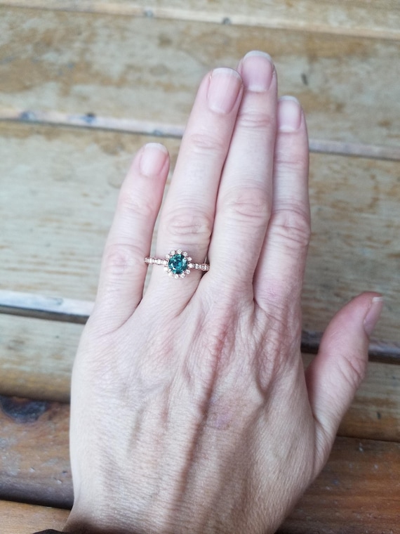 Blue Green Sapphire Rose Gold Engagement Ring