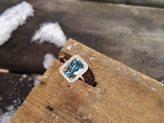 Bridal Diamond Halo Ring Over 4 Carats Blue Green Sapphire Radiant Cut, Free Shipping to USA