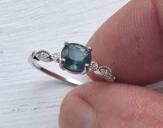 Oval Teal Sapphire Engagement Ring for Her Anniversary Ring, Montana Sapphire White Gold Dainty Ring, Free Shipping