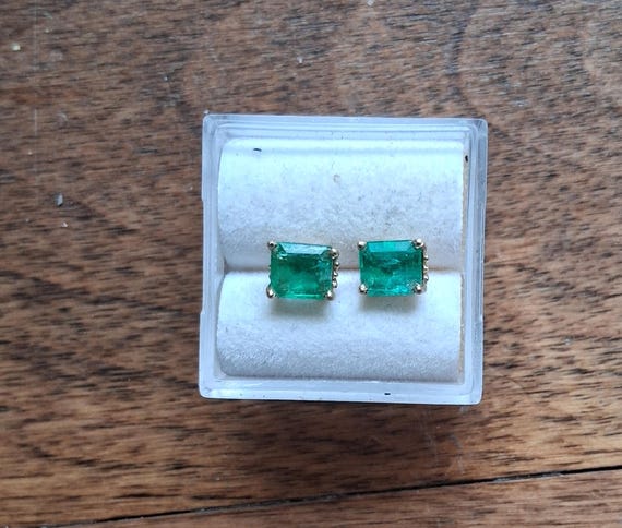 Yellow Gold Emerald Stud Earrings, May Birthstone Jewelry