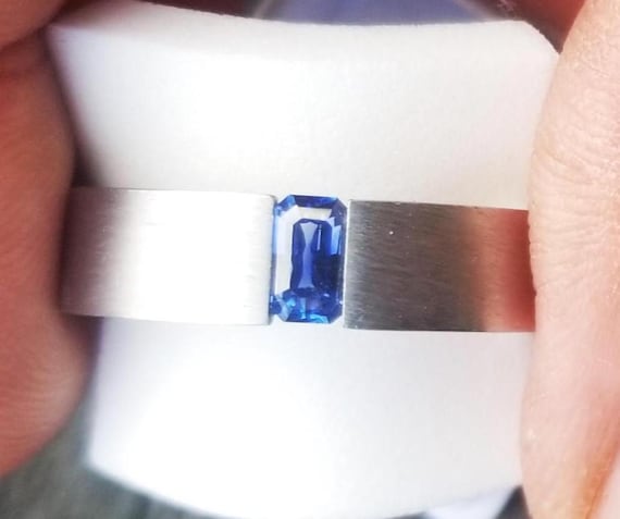 Ceylon Blue Sapphire Tension Setting Ring, Stainless Steel ring , Finger Size 10 US Ring