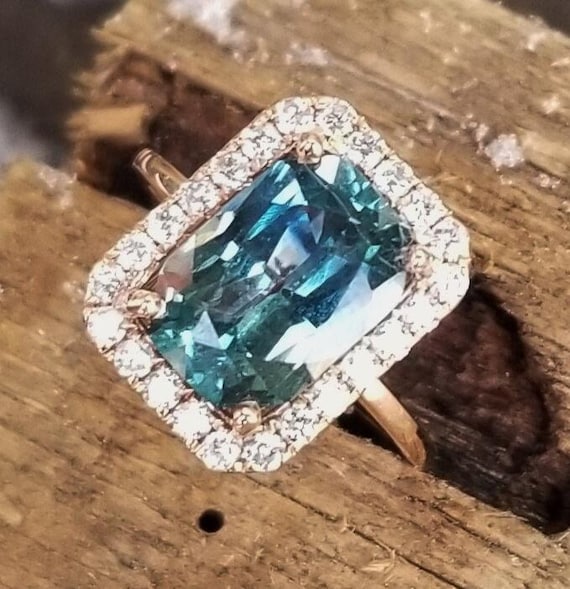 Diamond Halo Ring Over 4 Carats Blue Green Sapphire Radiant Cut