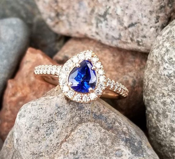 Teardrop Blue Sapphire Rose Gold Diamond Halo Ring Jewelry Gift