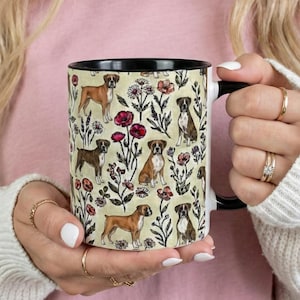 ボクサー犬の花柄アクセントコーヒーマグ、11オンス＆15オンス、ボクサーの子犬のティーカップギフト