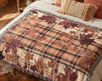 Fall Plaid Woven Throw Blanket with Fringe, Autumn Maple Leaf Couch Cover , Rustic Cottagecore Bedding , Cozy Cabin Decor, Autumn Gift