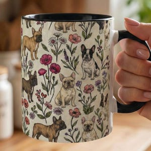French Bull Dog  Floral Accent Coffee Mug, 11oz & 15oz, Frenchie Tea Cup Gift