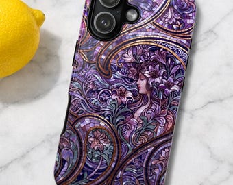 Purple Art Nouveau Tough Phone Case, Dark Fantasy Stained Glass Style Tough Case, Magsafe Samsung Galaxy S26 S25, iPhone 17 16 15