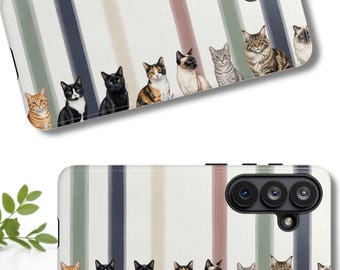 Boho Striped Cats Phone Case, Tabby Calico Tuxedo Kitty Design, Cat Mom Gift, Pet Lover Stripes Tough Case, Samsung S26 S25, iPhone 17 16 15