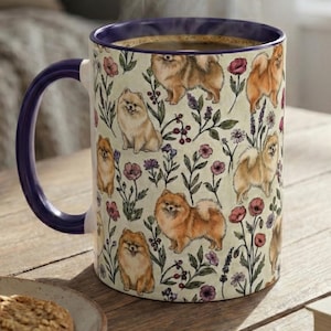 Pomeranian Puppy Floral Poms Accent Coffee Mug, 11oz & 15oz, Pomeranian Dog Tea Cup Gift for Dog mom