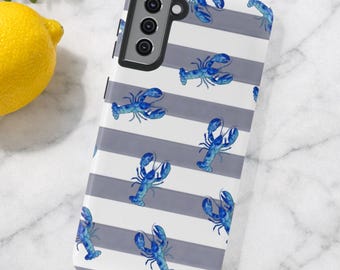 Coastal Blue Lobster Phone Case, Nautical Striped Cover, Retro Preppy Gift, iPhone 17 16 15 14 Pro Max, Samsung Galaxy S26 S25 S24 Ultra