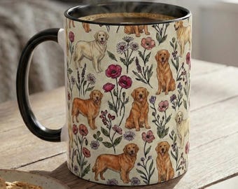Golden Retriever Puppy Floral Accent Coffee Mug, 11oz & 15oz, Golden Retriever dog Tea Cup Gift