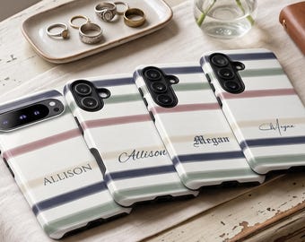 Personalized Boho Neutral Striped Phone Case, Custom Name Tough Phone Case, Minimalist iPhone Case,  Samsung Galaxy S26 S25, iPhone 16 15 14
