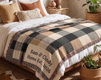 Personalized Buffalo Plaid Throw  | Gingham Blue Tan Check New Home Gift, Wedding, Couples Engagement, Cotton Anniversary, Family Name Gift