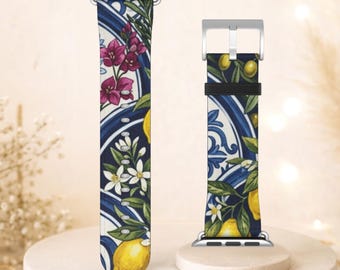 Italian Lemon Apple Watch Band, Amalfi Coast Blue Tile Mediterranean Floral iWatch Band, Watch Strap Series 9 8 7 6 5, 38- 41mm, 42 -45 mm