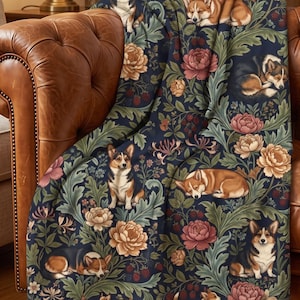 Corgi Woven Blanket, William Morris Inspired Floral Throw, Cottagecore Dog Blanket, Pembroke Welsh Corgi Gift, Botanical Cotton Tapestry