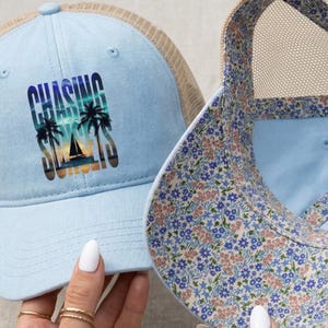 Aesthetic Sunset Beach Cap, Retro Summer Trucker Hat, Mesh Hat with Ponytail Opening, Palm Tree Sailing Graphic Cap, Trendy Boat Apparel