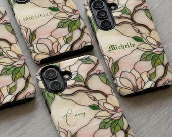 Personalized Stained Glass Magnolia Phone Case, Art Nouveau Flower Tough Case, Custom Name Floral Cover, Samsung S26 S25 S24, iPhone 17 16