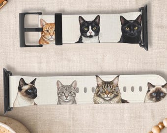 Cat Apple Watch Band, Faux Leather Watch Strap, Cat Lover Gift, Pet Print Watch Band, Cat Mom Gift, Series 9 8 7 6 5, 38- 41mm, 42 -45 mm