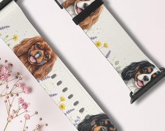 Cavalier King Charles Apple Watch Band, Faux Leather Dog Watch Strap, Cute Spaniel Gift for Dog Mom, Series 9 8 7 6 5, 38- 41mm, 42 -45 mm