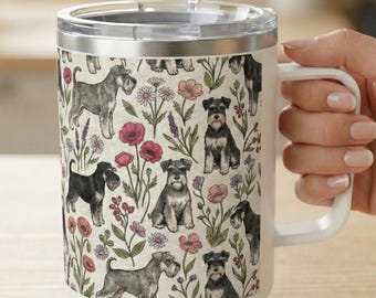 Isolerad kaffemugg med blommotiv från Schnauzer, 283 g | Mini Schnauzer, hundälskare, valpmamma, resemugg