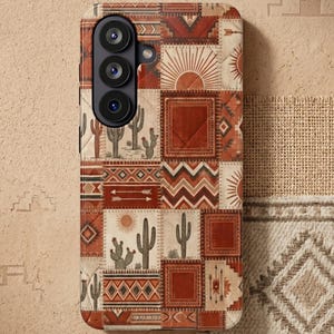 Funda para teléfono con estampado de patchwork de cactus del suroeste / Estilo bohemio occidental del desierto / MagSafe con estampado acolchado para iPhone 17 16 15 14 13 12 y Samsung S26 S25 S24